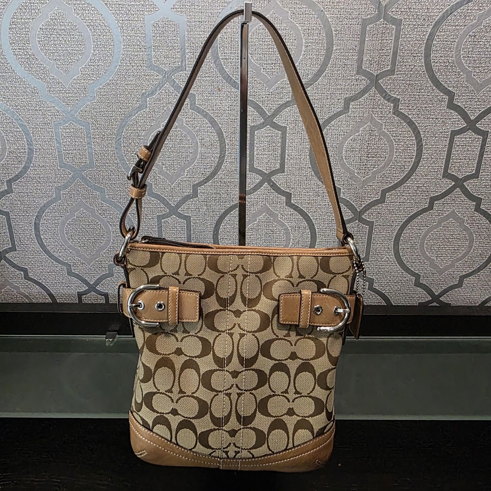 Coach Brown and Tan Signature Shoulder Bag